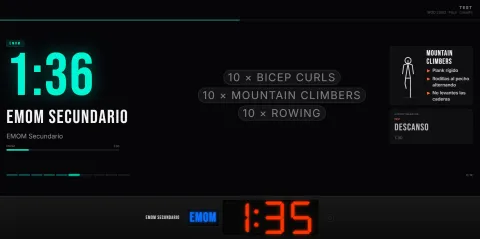 Pantalla de sala de gimnasio funcional - ejercicios y cronómetro HIIT sincronizados